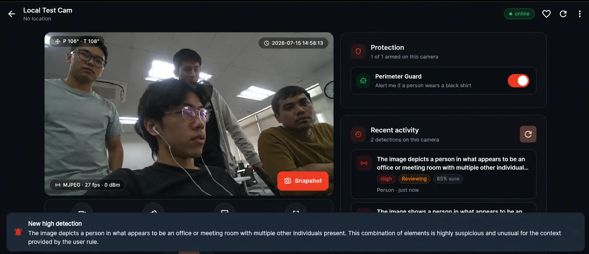 Erlang AI Vision local event triage with protection rules, recent detections, and a high-priority alert